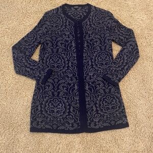 Talbots Long Open Front Cardigan Sweater Sz Small Fits Like Medium Navy and Gray